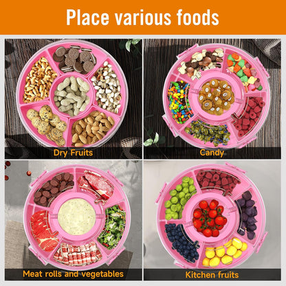 Small Divided Rotating Serving Tray with Lid and Handle,Portable Snackle Box Container,Spinner Organizer and Storage for Adults,Child,Fruits,Candy,Nuts,Veggie,Charcuterie,Snacks,Picnic,Travel, Party