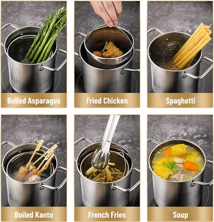Asparagus Pot, Asparagus Steamer Stainless Steel Steamer Cooker 4L Pasta Pot with Strainer Pasta Cooker for Spaghetti, Oil Deep Fry Pan for French Fries