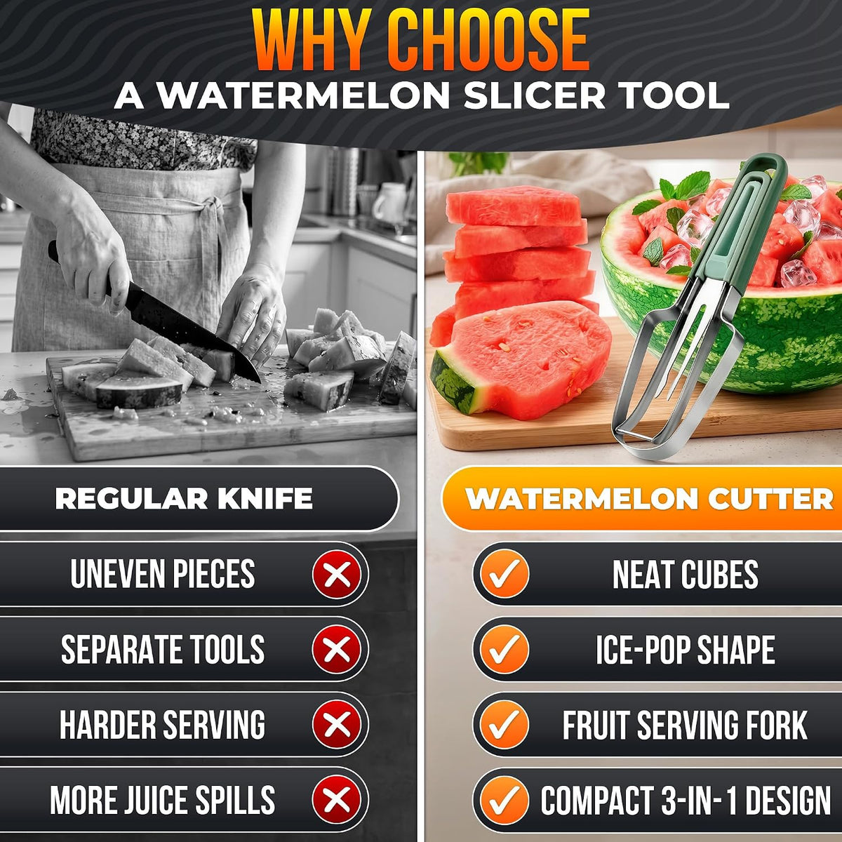 3-in-1 Watermelon Cutter Slicer Tool, Stainless Steel Kitchen Gadget
