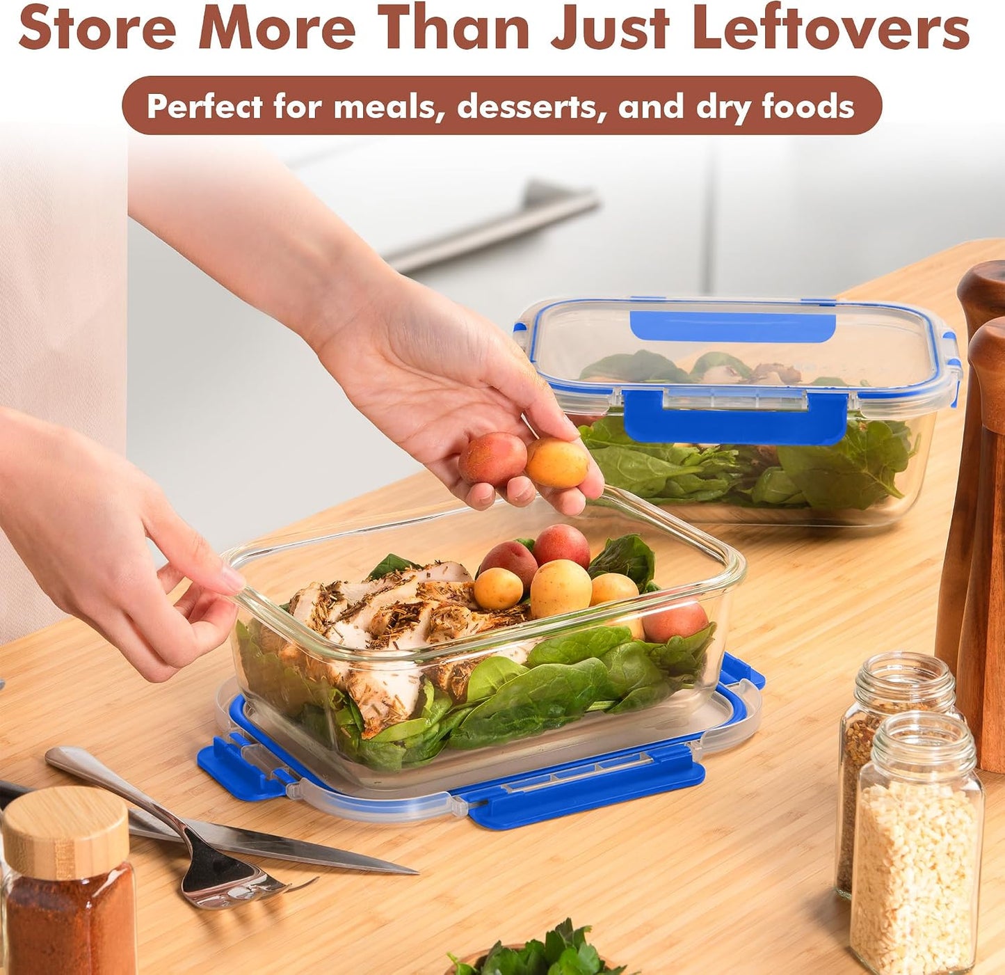 Razab 4 Pcs 1860ml / 63 Oz Large Glass Food Storage Containers with Lids - Glass Meal Prep Containers with Locking Lids for Roasting, Storing Leftover, Lunch Container, BPA Free, Microwave & Oven Safe