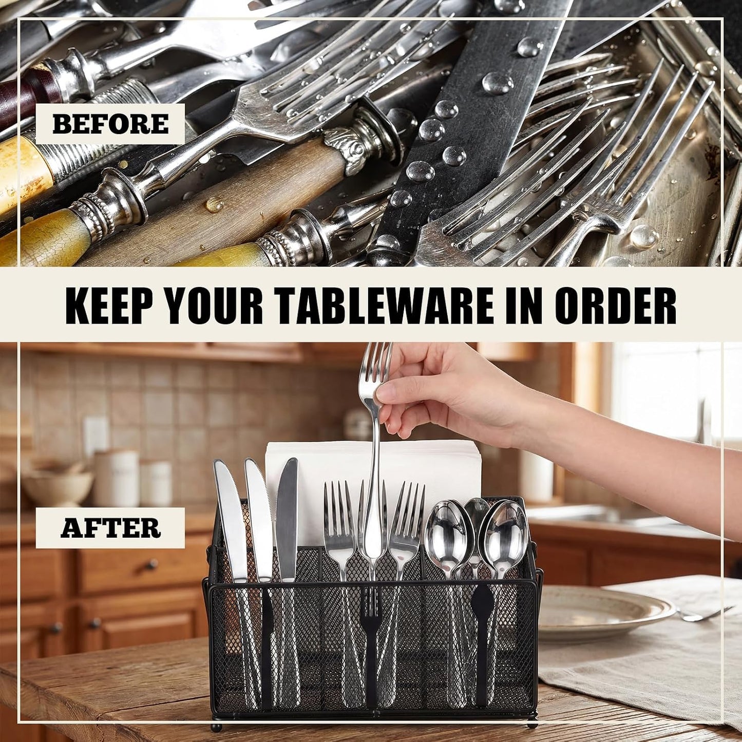 Utensil Caddy for Party, Utensil Organizer Silverware Caddy, 4 Compartment Metal Cutlery Organizer, Fork Spoon Napkin Plate Basket for Kitchen Countertop Buffet Outdoor BBQ Camping Picnic