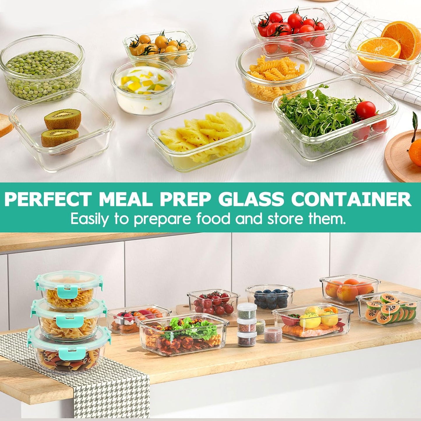 34pcs Glass Food Storage Containers with Lids Set, Airtight Glass Meal Prep Containers (17 Containers & 17 Lids), Leak Proof Lunch Container BPA-Free, Microwave, Oven, Freezer, Dishwasher Safe-Blue