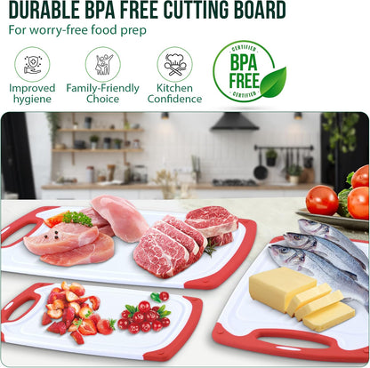 Plastic Cutting Boards for Kitchen, with Grips – Set of 3 Dishwasher-Safe, Non Slip Cutting Board with Juice Groove – Thick, Durable Cutting Boards for Meat and Vegetables by My Prime Kitchen, Black