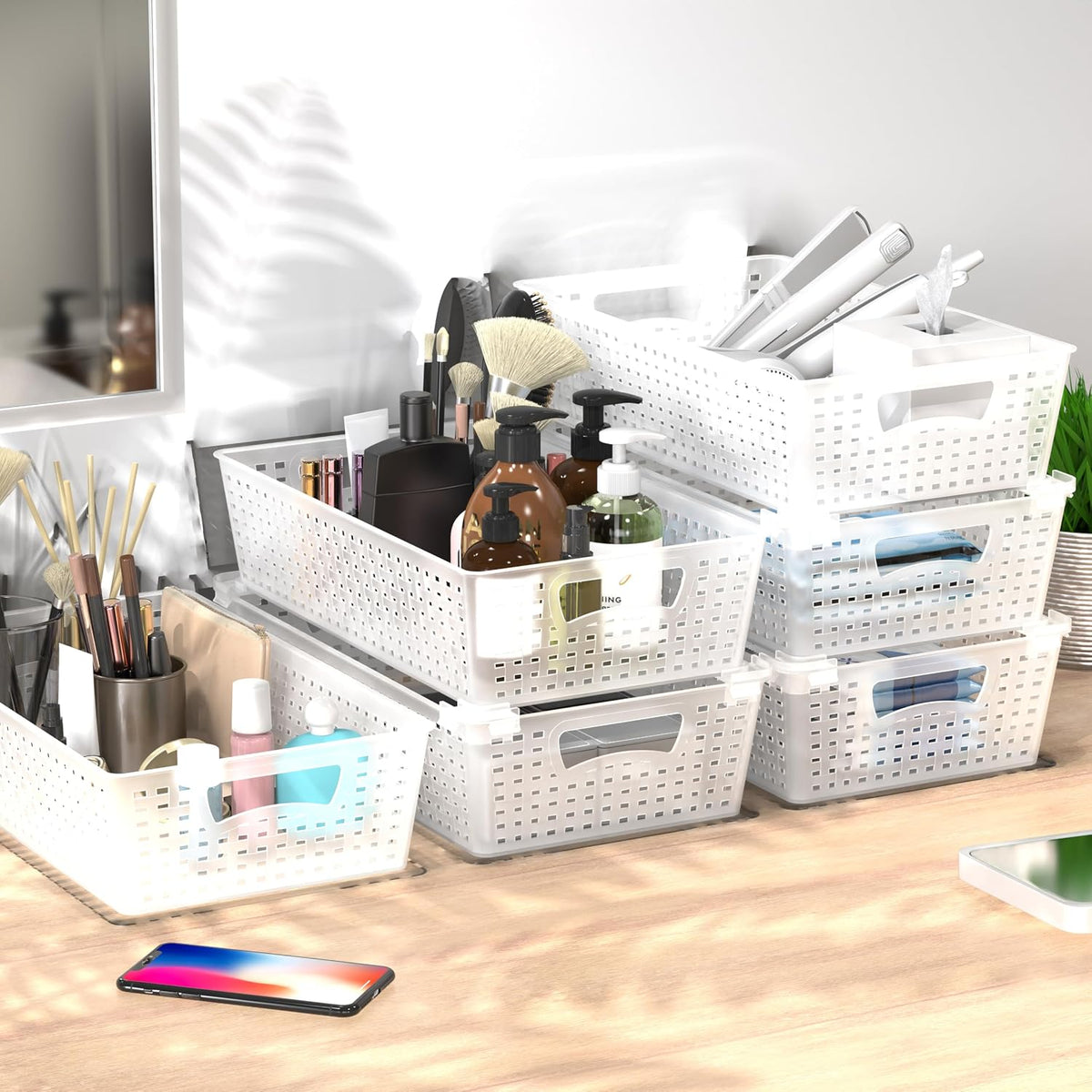Simple Houseware Stackable Plastic Woven Basket Organizer, 6 Pack, White | 14.5" D x 8.5" W x 3.5" H