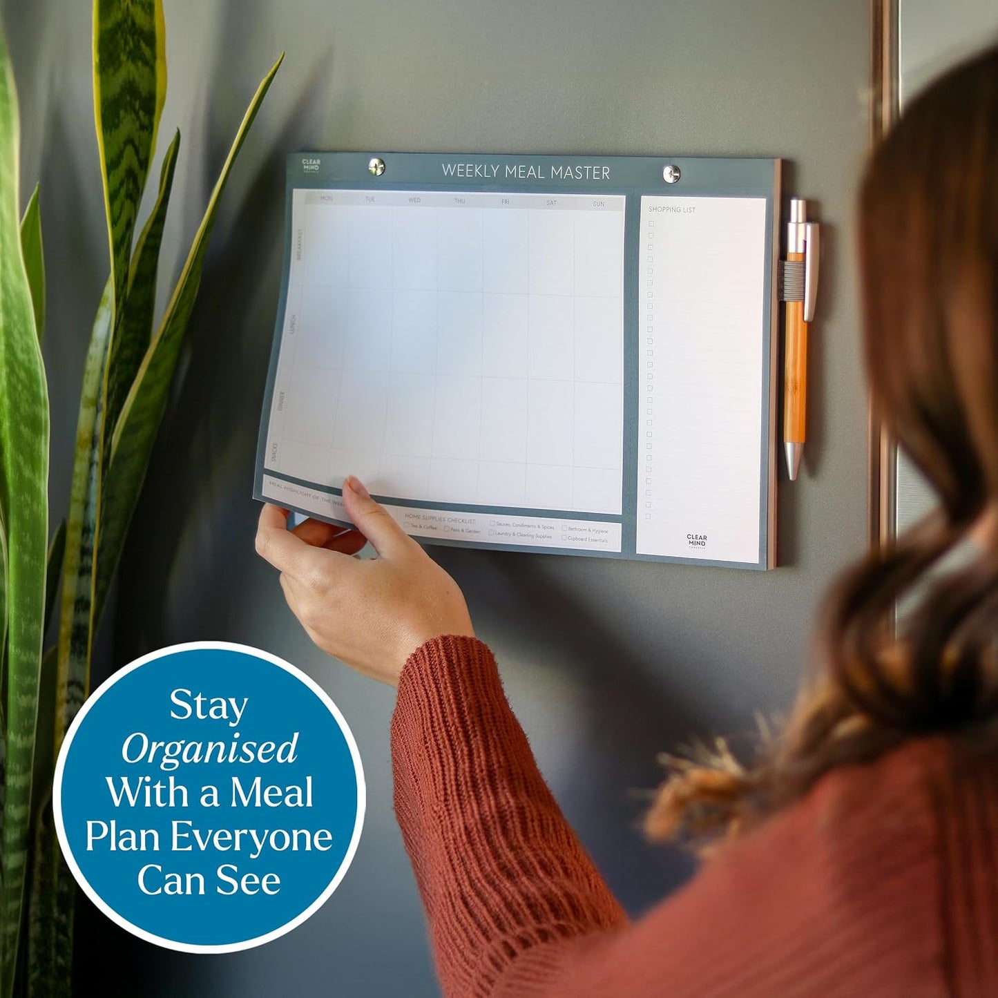 Magnetic Weekly Meal Planner for Fridge - 52 Undated Tear Off Sheets with Grocery List - Thick 120gsm No Bleed Paper - Strong Full Width Magnet - Family Meal Planning Board 11.3 x 8.3