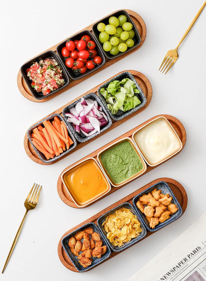 Chip and Dip Serving Set, Ceramic Dipping Sauce Bowls with Wooden Tray, 3.5 inch Side Dishes Set of 3 for Entertaining, Party, Buffets, Appetizers, Snacks and Sushi, Blue