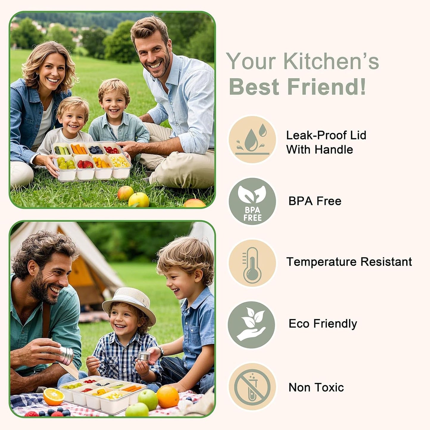 U-QE Dishwasher Safe Snackle Box Container with 8 Small Snacks Box - Premium Ivory Plastic Divided Serving Tray with Lid and Handle for Snack, Veggie, Fruits, Perfect for Party, Picnic, Entertaining