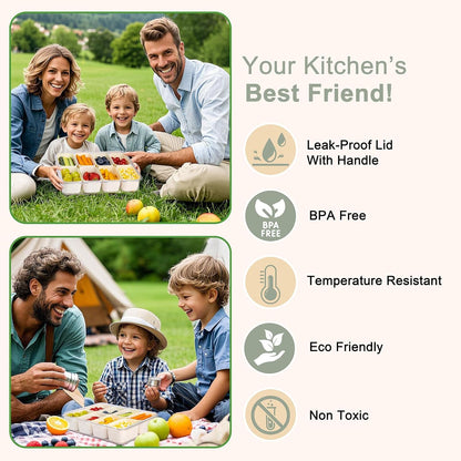 U-QE Dishwasher Safe Snackle Box Container with 8 Small Snacks Box - Premium Ivory Plastic Divided Serving Tray with Lid and Handle for Snack, Veggie, Fruits, Perfect for Party, Picnic, Entertaining