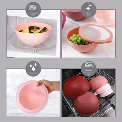 COOK WITH COLOR Mixing Bowls with Lids - 12 Piece Plastic Nesting Bowls Set includes 6 Prep Bowls and 6 Lids, Microwave Safe Mixing Bowl Set, Pink Embossed - Colors B