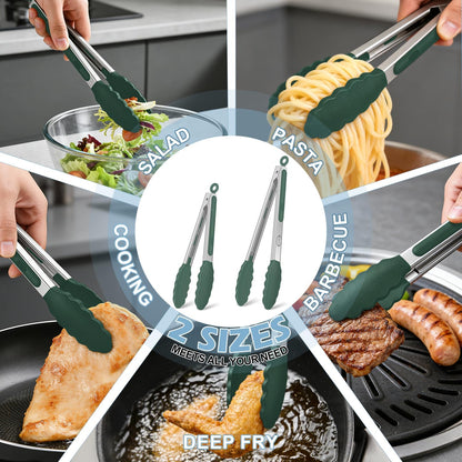 TACGEA Stainless Steel Kitchen Tongs with Silicone Tips, Locking Grilling Food Tongs, 7" 9" and 12", Set of 3 Black