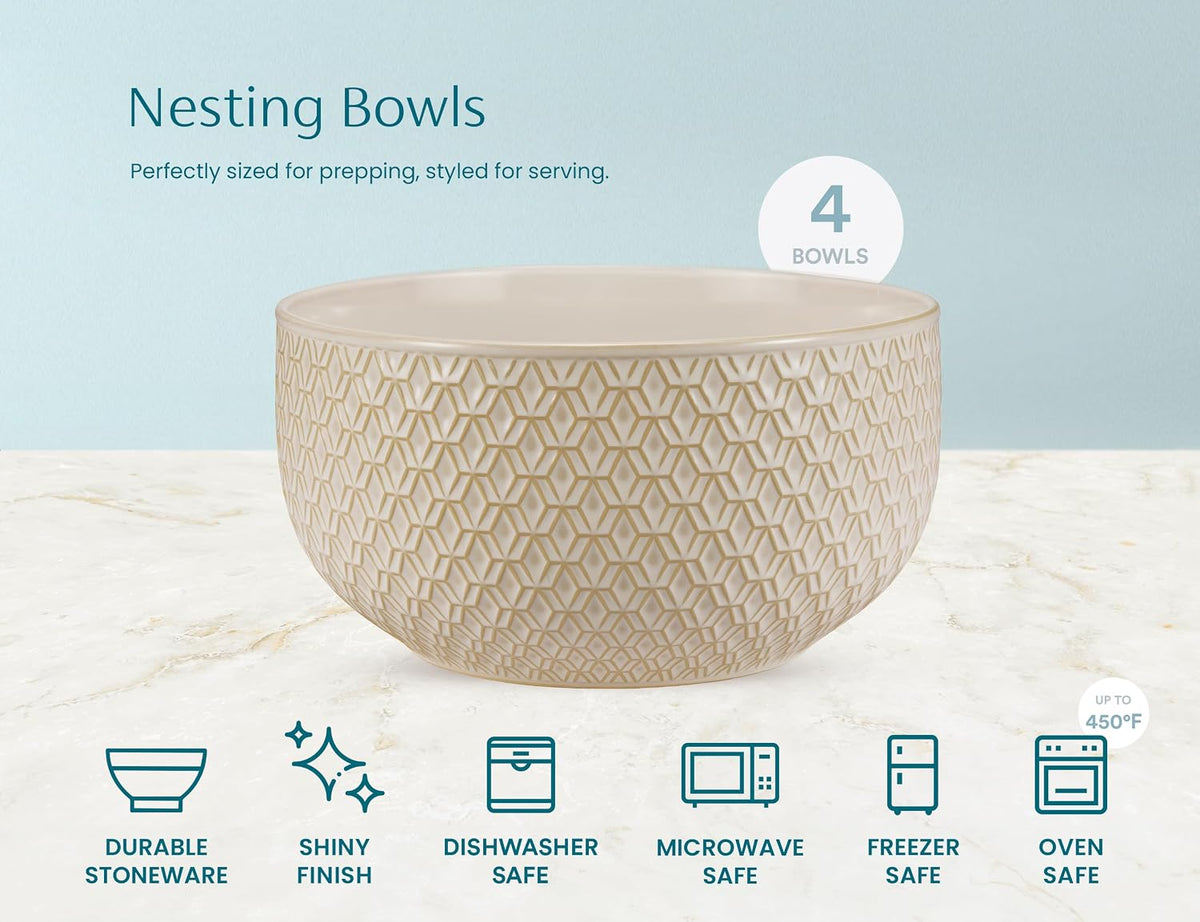 KooK Ceramic Nesting Bowls, Embossed, Oven Safe, Set of 4, Ivory