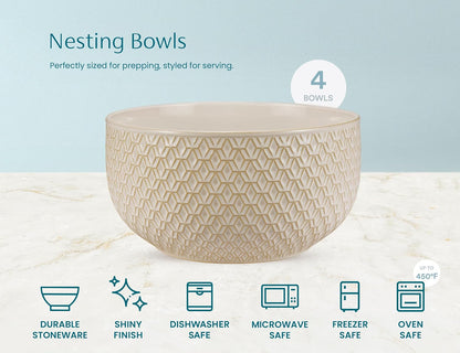 KooK Ceramic Nesting Bowls, Embossed, Oven Safe, Set of 4, Ivory