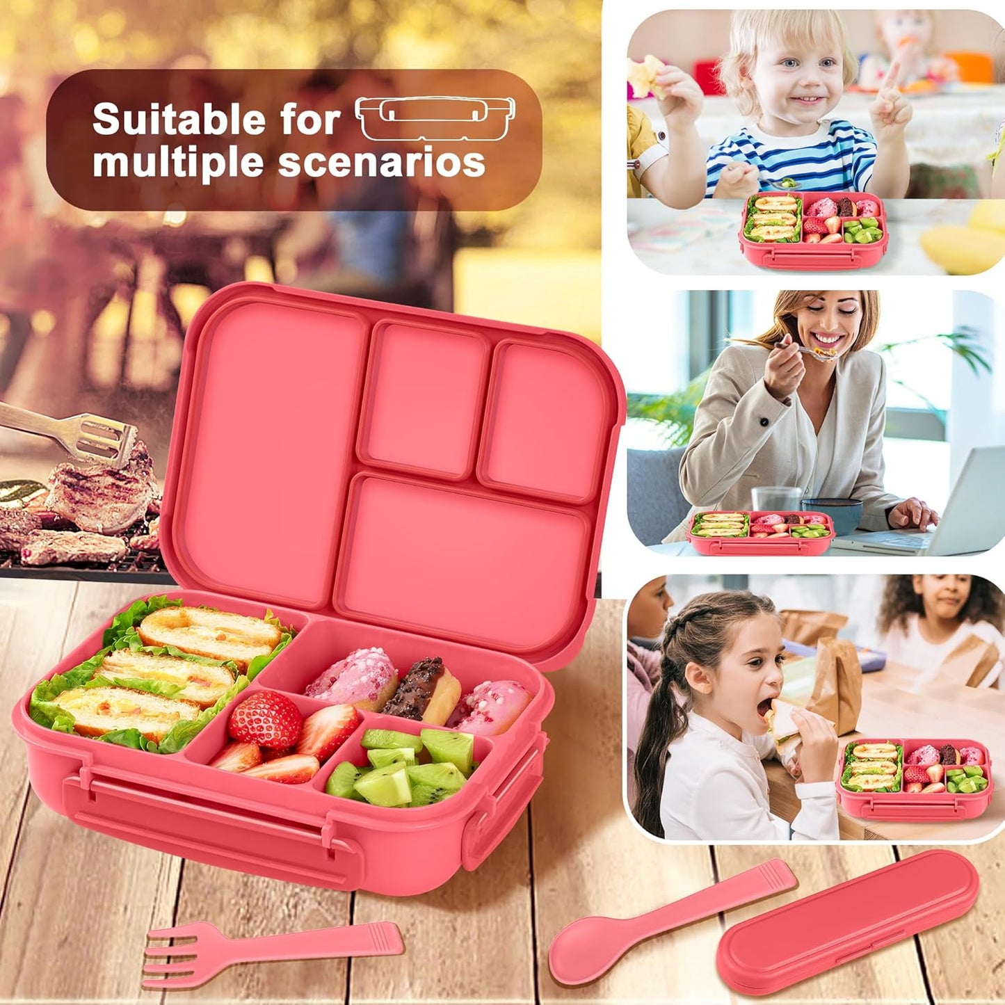 Amathley Lunch Box Kids,Bento Box Adult,Leakproof Lunch Containers for Adults/Kids/Toddler,1200ML-4 Compartments bento Lunch box with Utensil,Microwave & Dishwasher & Freezer Safe (Pink Berry)