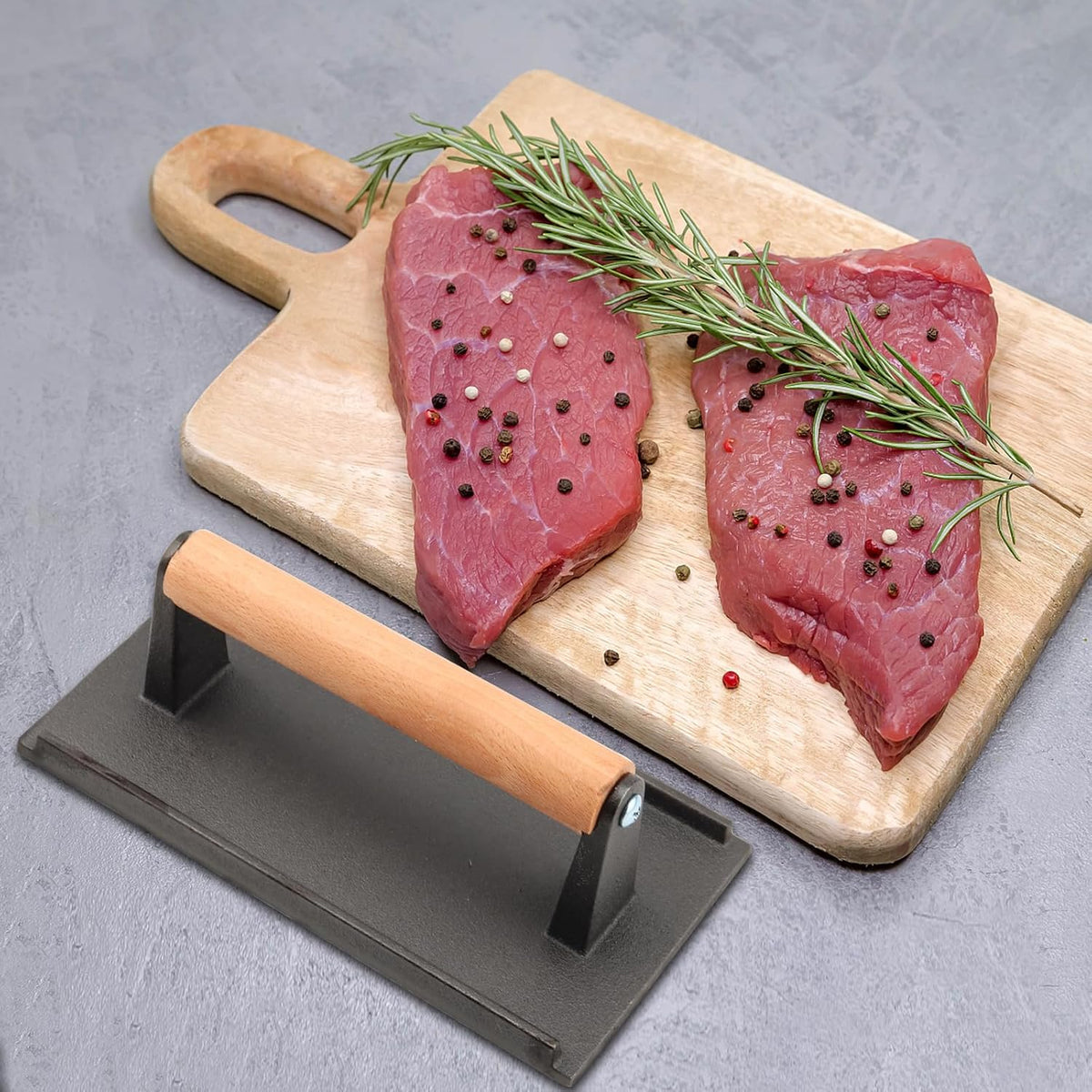 MOUYAT 2 Pack Cast Iron Grill Press, 6.8 Inch Round and 8 Inch Rectangle Heavy Grill Weight Bacon Griddle Press with Wooden Handle, Flat Cooking Weight Press Steak Weights for Bacon Burgers Meat BBQ