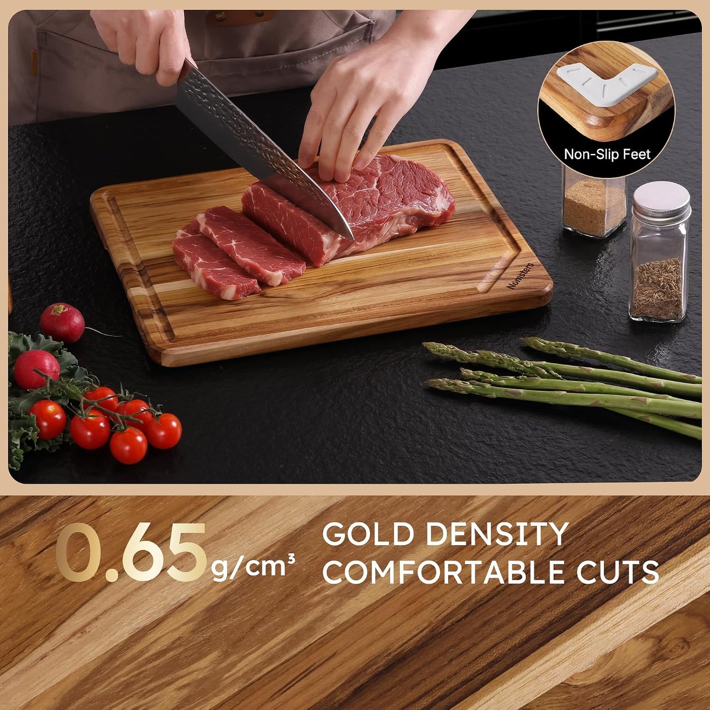 3 Pack Teak Wood Cutting Board Set with Holder Non Slip Over Sink Wooden Chopping Board for Fresh Meat Vegetable Thick Haus Perfect for Charcuterie Juice Groove Kitchen Accessories - FSC Certified