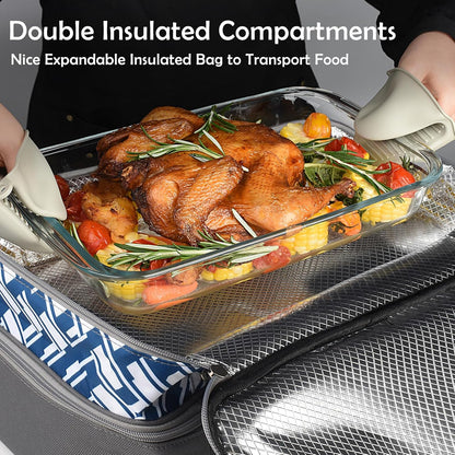 CaCTOUR Casserole Carrier for Hot or Cold Food, Expandable Double Decker Food Carrier with Silicone Hand Protectors - Fits 9“x13” Baking Dish-Lasagna Holder Tote for Parties Potluck Picnic (Gray)
