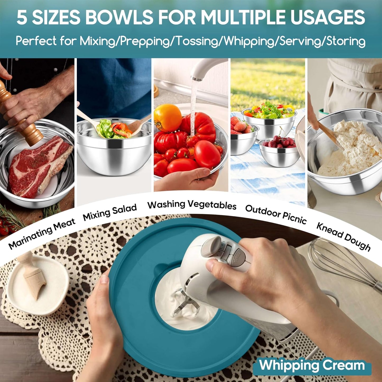 Herogo 5-Piece Mixing Bowls with Airtight Lids, 3 Grater Attachments, Stainless Steel Salad Serving Bowls for Kitchen, Size 4.6, 3.5, 2.5, 2, 1.5QT Ideal for Prepping & Cooking, Black