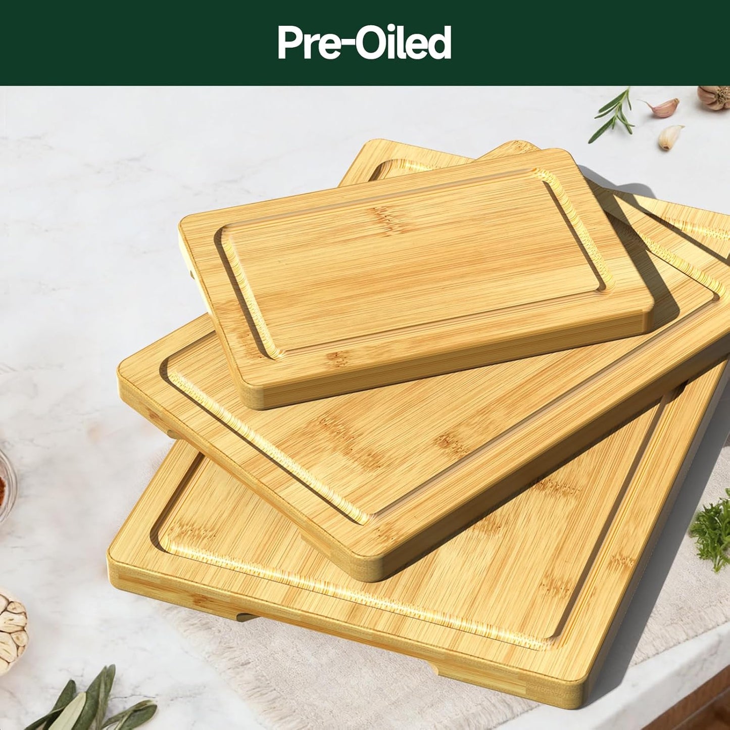 3-Piece Set Bamboo Cutting Board for Kitchen - Crack-Resistant Wood Chopping Boards with Deep Juice Grooves, Pre-Oiled Butcher Block for Meat, Vegetables & Cheese, Carbonized