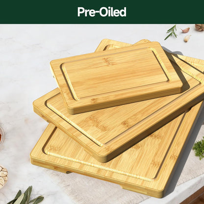 3-Piece Set Bamboo Cutting Board for Kitchen - Crack-Resistant Wood Chopping Boards with Deep Juice Grooves, Pre-Oiled Butcher Block for Meat, Vegetables & Cheese, Carbonized
