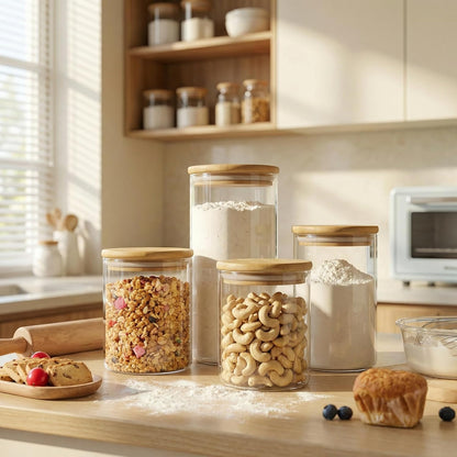 32oz - 4 Pack Glass Jars with Bamboo Lids, Glass Pantry Storage Containers with Airtight Lids, Round Air Tigh Food Storage Canisters for Cereal, Pasta, Flour, Sugar, Rice, Best for Kitchen Organizer