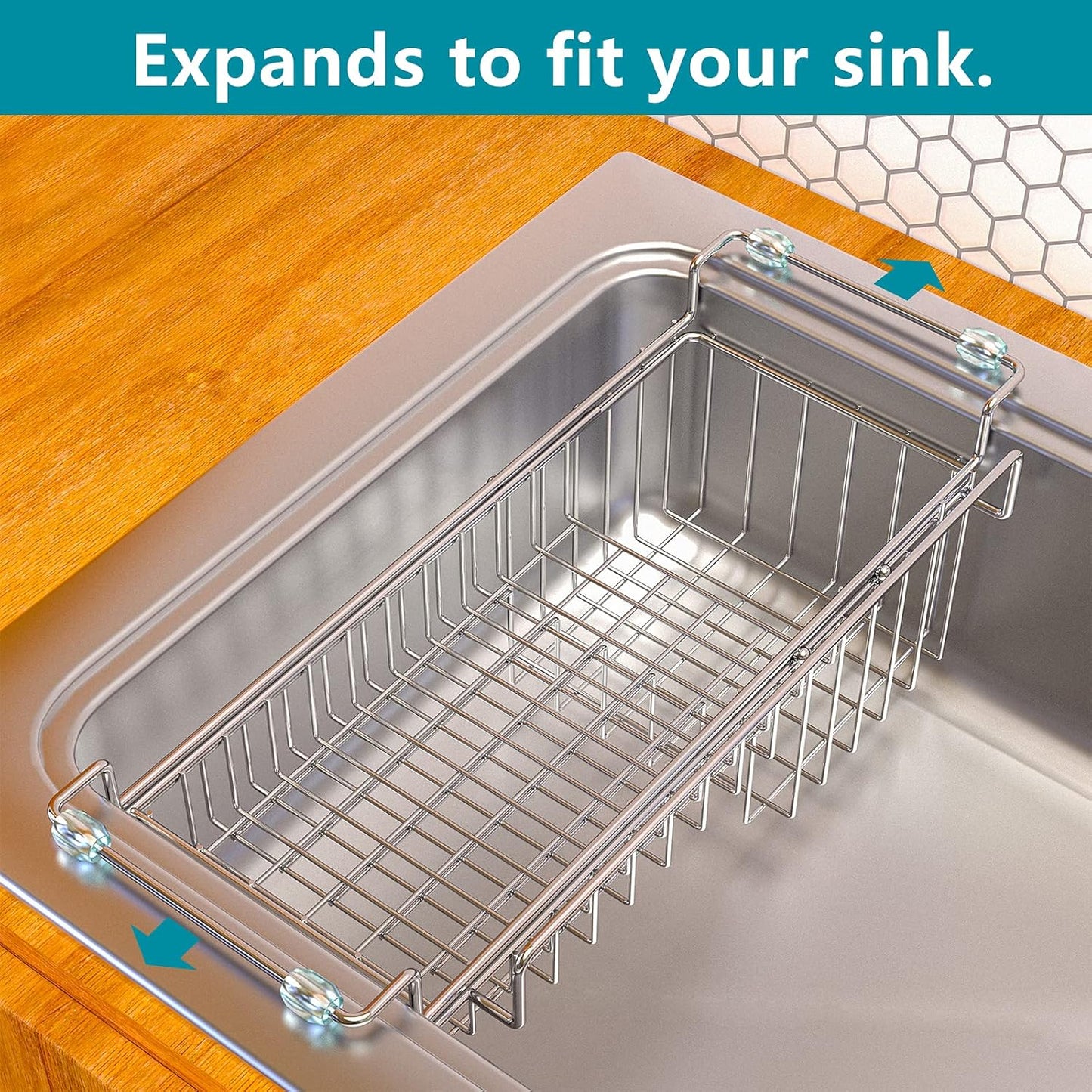 Over The Kitchen Sink Caddy Sponge Holder Organizer Drying Rack Expandable for Sponge Brush Soap Dish Cloth Rag 14.5" to 22", Stainless Steel