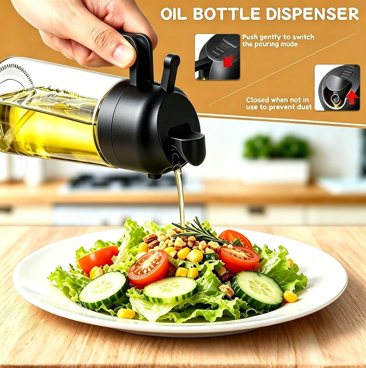 AT-VALY 2-in-1 Oil Sprayer for Cooking, 16oz Glass Oil Dispenser, Black