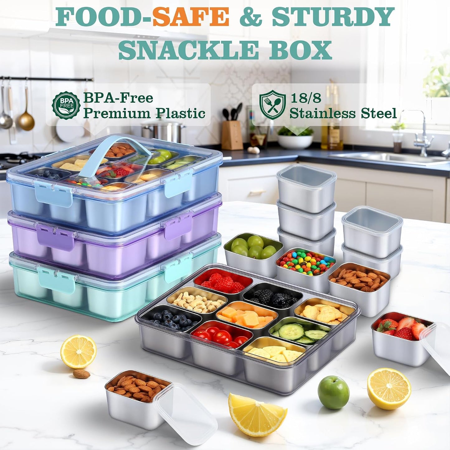 Snackle Box Container, Stainless Steel Snack Containers for Adults, 9 Compartments Divided Serving Tray with Lids and Handle, Portable Snack Platter for Parties, Grey