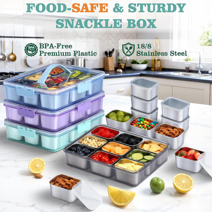 Snackle Box Container, Stainless Steel Snack Containers for Adults, 9 Compartments Divided Serving Tray with Lids and Handle, Portable Snack Platter for Parties, Grey
