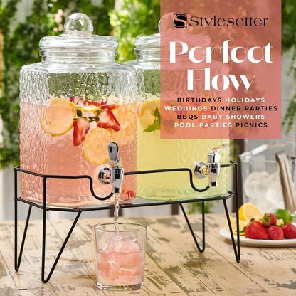 Style Setter Premium Glass Drink Beverage Dispensers - 1.5 Gal, Set of 3 | Dispenser Set with Metal Stand for Parties Cold Drinks, Lemonade, Cocktails, Juice – Party Glass Drink Dispenser Station