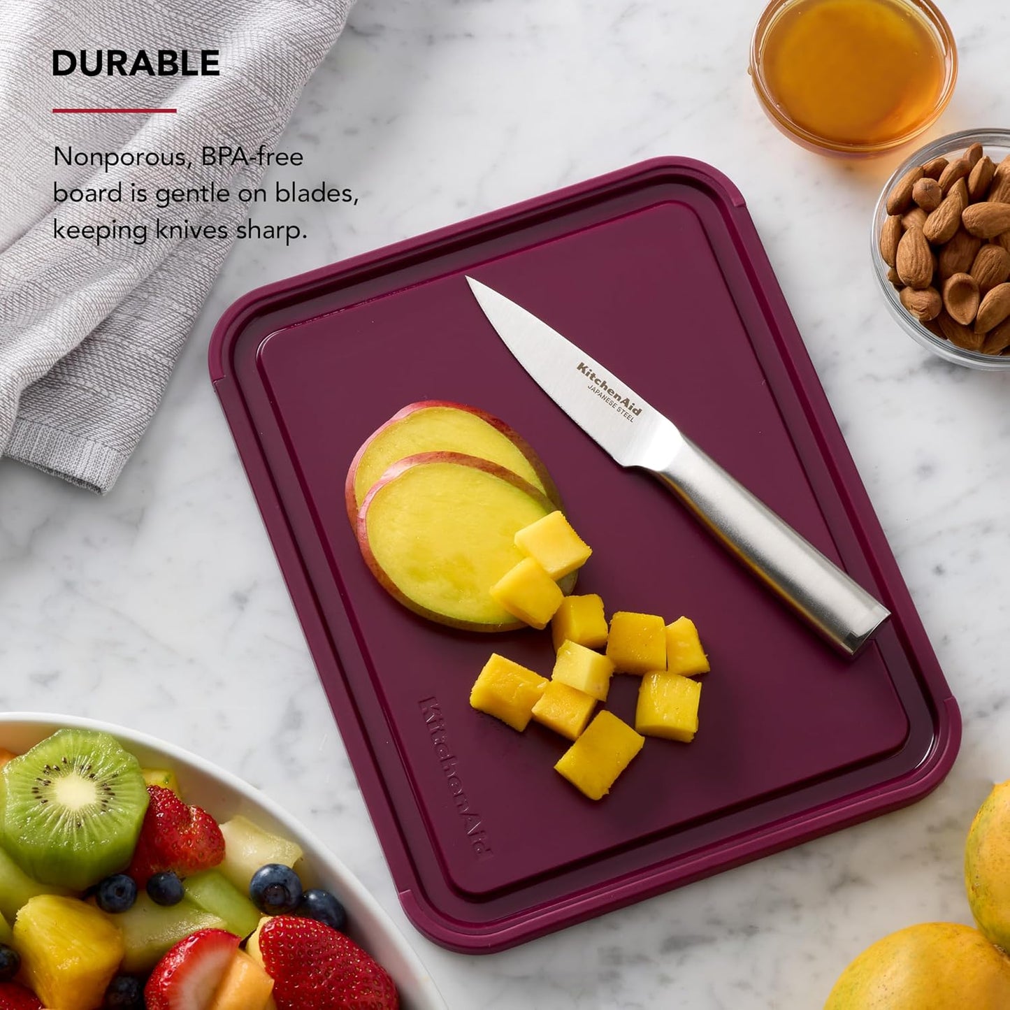KitchenAid Classic Plastic Cutting Board with Perimeter Trench and Non Slip Edges, Dishwasher Safe, 12 inch x 18 inch, Gray
