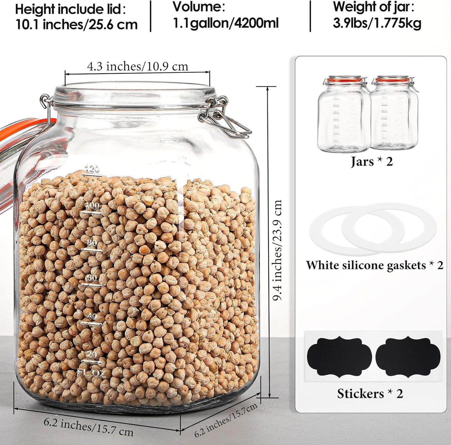 [UPGRADE] 2 Pack Square Super Wide Mouth Airtight Glass Storage Containers with Lids, 1.1 Gallon Glass Jars with 2 Measurement Marks, Canning Jars with Leak-proof Lid for Kitchen (Spare Gasket)