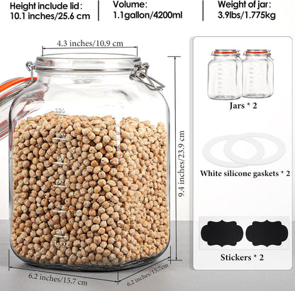 [UPGRADE] 2 Pack Square Super Wide Mouth Airtight Glass Storage Containers with Lids, 1.1 Gallon Glass Jars with 2 Measurement Marks, Canning Jars with Leak-proof Lid for Kitchen (Spare Gasket)