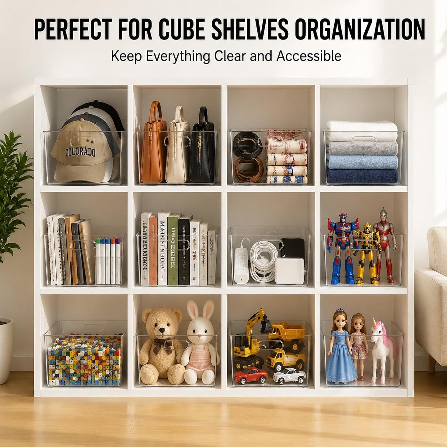 MOONEDGE 4-Pack 10x10x6 Clear Plastic Cube Storage Bins with Handles | Acrylic hard square organizer containers for closet,pantry,fridge,kitchen,bathroom,laundry,under-sink,cabinet organization