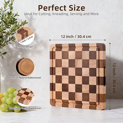Checkered Cutting Board Set for Kitchen - 3 PCS Solid Wood End Grain Checkerboard Chopping Board with Holder & Juice Groove, Wooden Cutting Boards for Meat, Vegetables, Fruits (S, M, L)