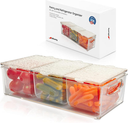 Pikanty Clear Refrigerator Organizer Bin with Handles — 15 Inch Stackable Fridge and Pantry Storage Container for Snacks, Produce, Cans, Yogurt, Condiments, Dishwasher and Freezer Safe, Made in USA