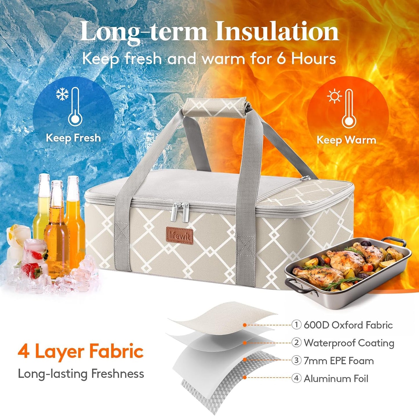 Lifewit Insulated Single Decker Casserole Carrier, Lasagna Lugger Holder for Hot or Cold Food, Fits 9" x 13" Baking Dish, Thermal Lunch Tote Bag for Potluck Parties, Picnic and Cookouts, Grey