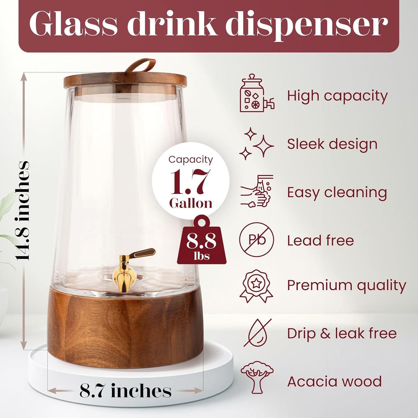 FOODLE Extra Large Glass Drink Dispenser with Spigot - Glass Beverage Dispenser with Stand - Perfect for Parties & Catering - Pitcher for Lemonade, Water, Sangria & Juice - Leakproof Spout - 3 Gallon