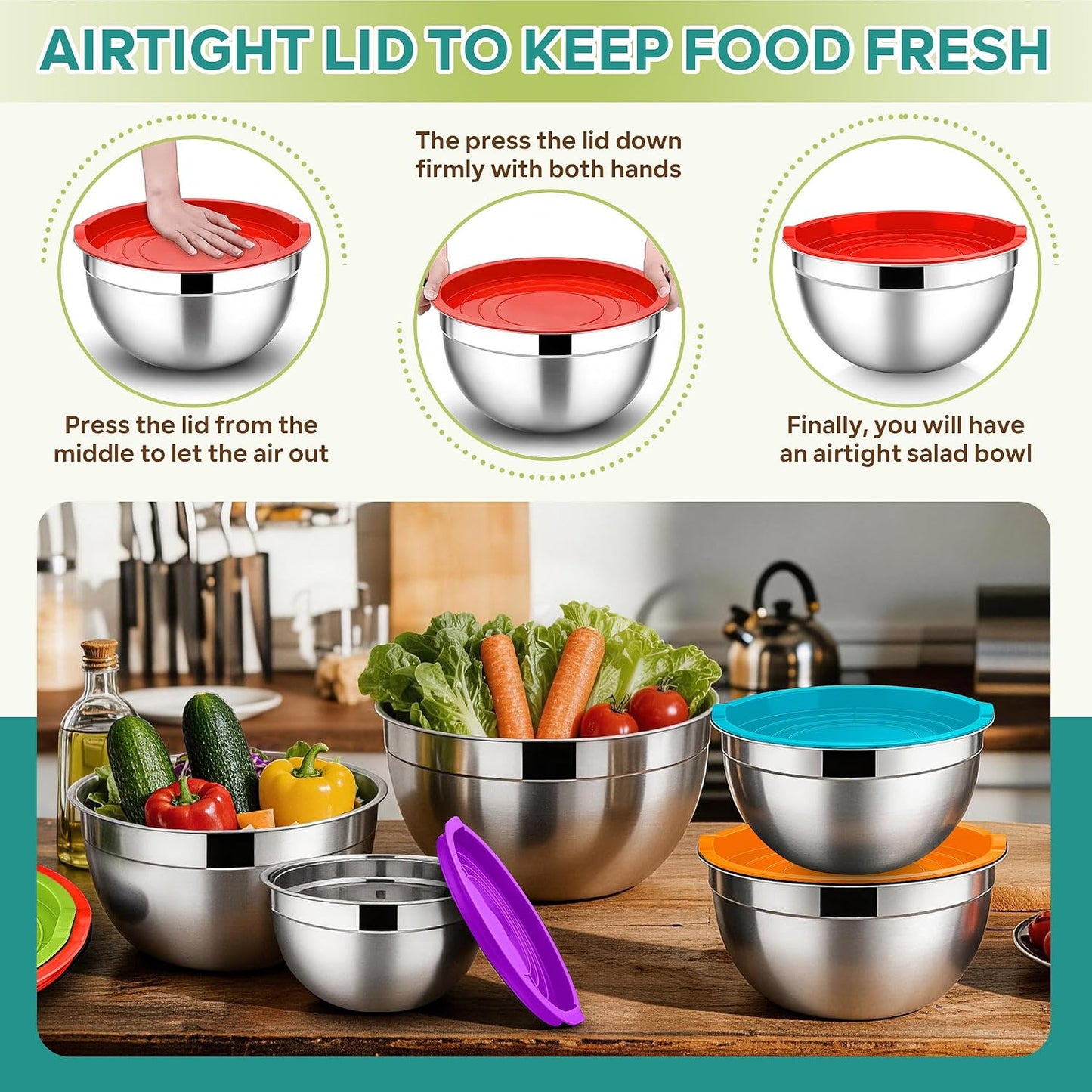 E-far Mixing Bowls With Lids Sets of 5, 10-Piece Stainless Steel Salad Metal Nesting Bowl for Baking Cooking and Prepping, Airtight Lid & Stackable Design, Size 4.6, 3, 2.1, 1.5, 0.7 QT, Black