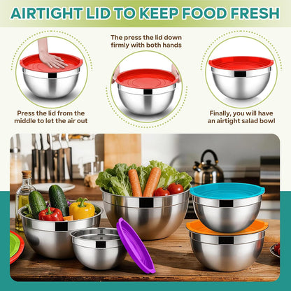 E-far Mixing Bowls With Lids Sets of 5, 10-Piece Stainless Steel Salad Metal Nesting Bowl for Baking Cooking and Prepping, Airtight Lid & Stackable Design, Size 4.6, 3, 2.1, 1.5, 0.7 QT, Black