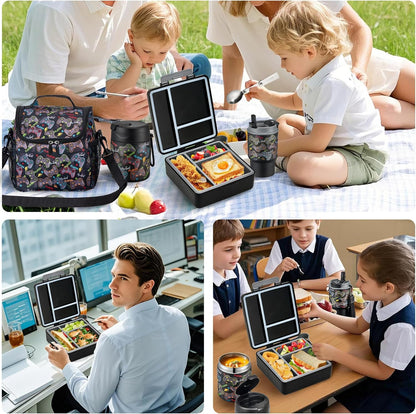 Bento Lunch Box for Kids with 17oz Soup Thermo,Insulated Tumbler Water Bottle and Insulated Lunch Bag,Leak-Proof 3 Compartment Lunch Food Container with Ice Pack for Kids to School-Horse