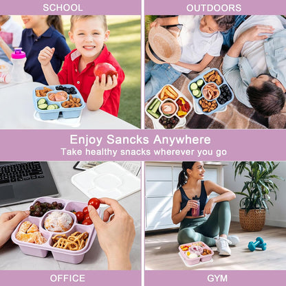 Caperci 5-Pack Lunchable Container Set for Kids & Adults - Reusable Bento Snack Box Containers with 5-Compartment for Food Storage & Meal Prep, Wheat Straw, BPA-Free (Dark & Clear Lids)