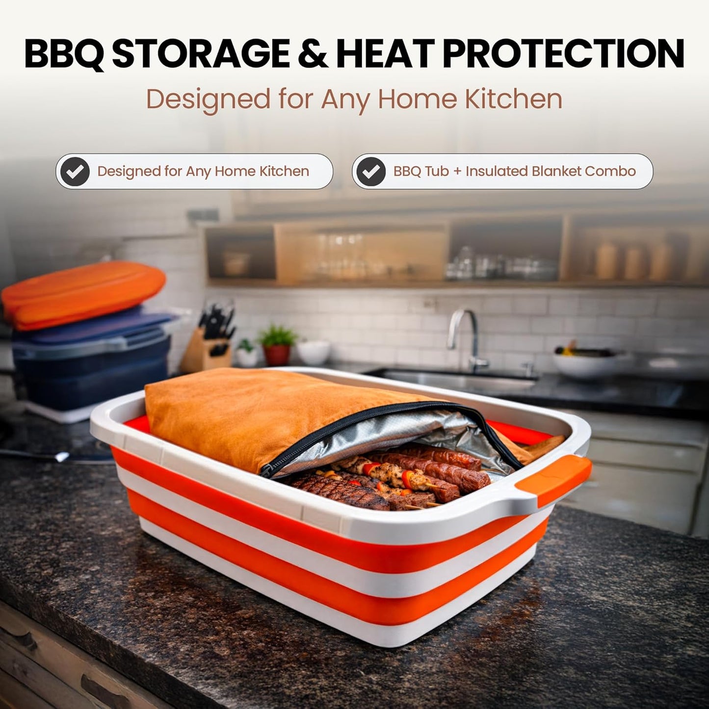 BBQ Prep Tub with BBQ Blanket, 16L Multifunctional Camping Cutting Board with Locking Lid, Reusable Meat Resting Bag for Smoking, Collapsible Dish Basin for Marinating Food (Large 16L)