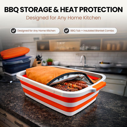 BBQ Prep Tub with BBQ Blanket, 16L Multifunctional Camping Cutting Board with Locking Lid, Reusable Meat Resting Bag for Smoking, Collapsible Dish Basin for Marinating Food (Large 16L)