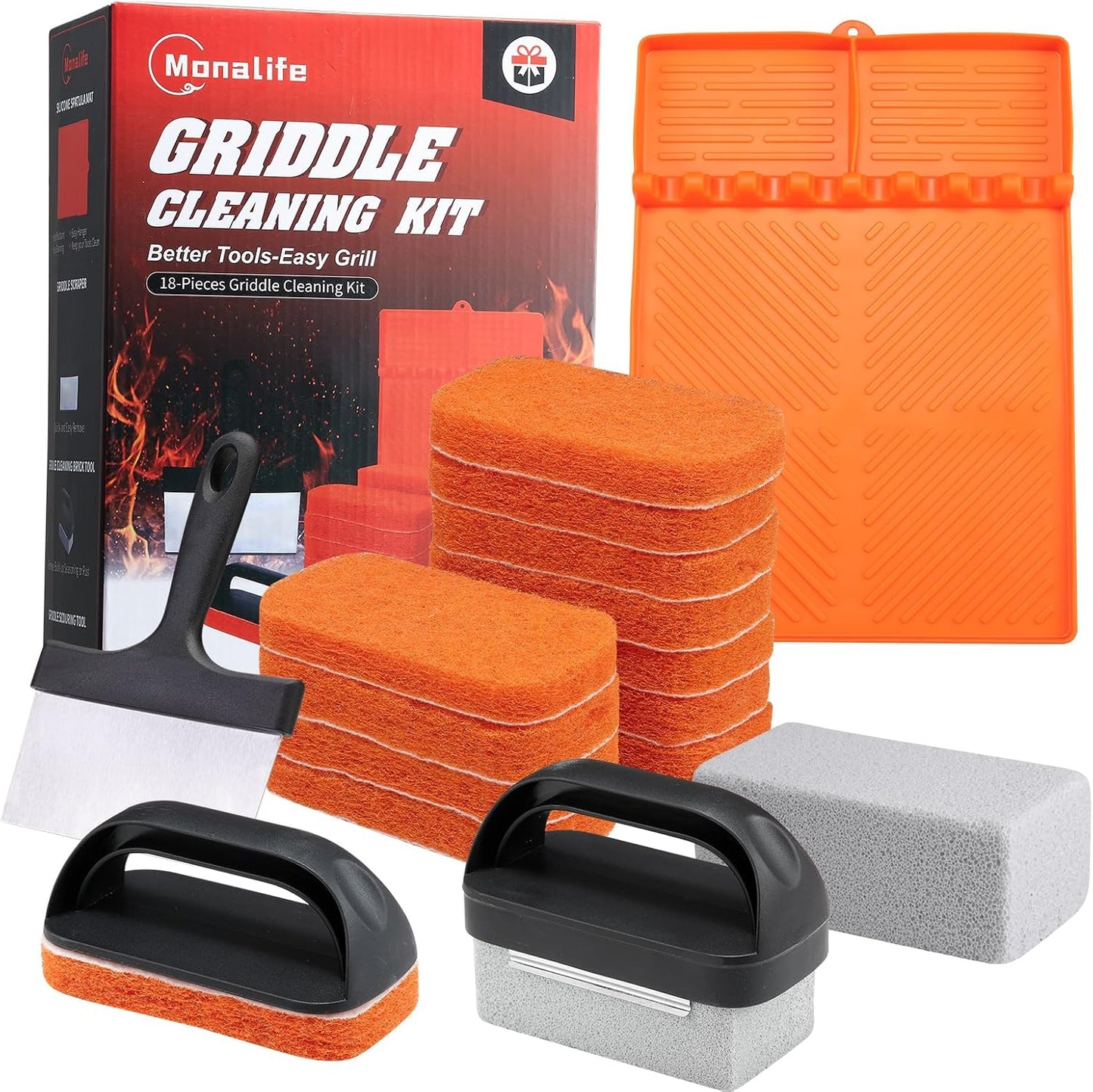 12 PCS Griddle Cleaning Kit for Blackstone, Heavy Duty Flat Top Grill Brush Set with Scraper & Stone – Complete BBQ Accessories for Outdoor Camping