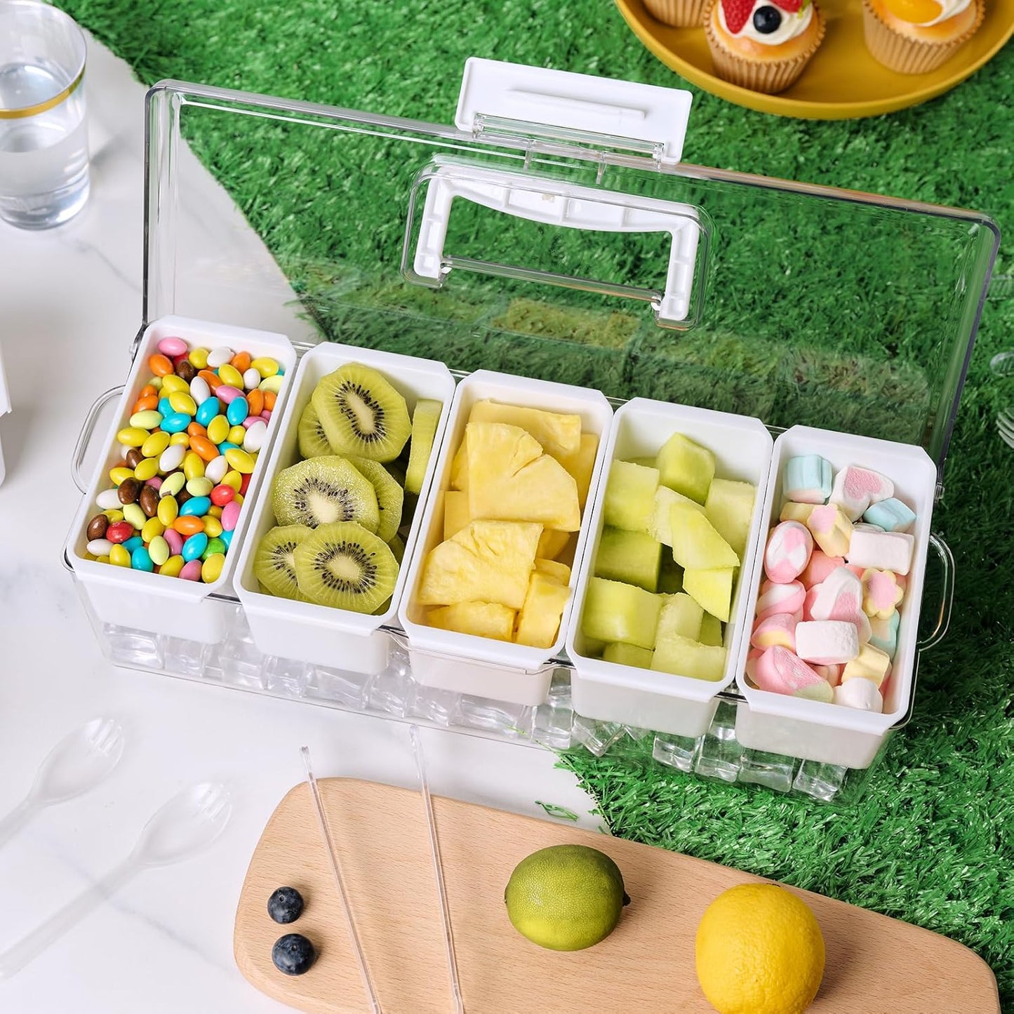 Luckore 2 Pack Chilled Condiment Tray Server with 5 Removable Small Compartments Containers & Hidden Handle Design, Ice Chilled Condiment Organizer, Garnish Serving Tray for Camping, Fruit, Salad
