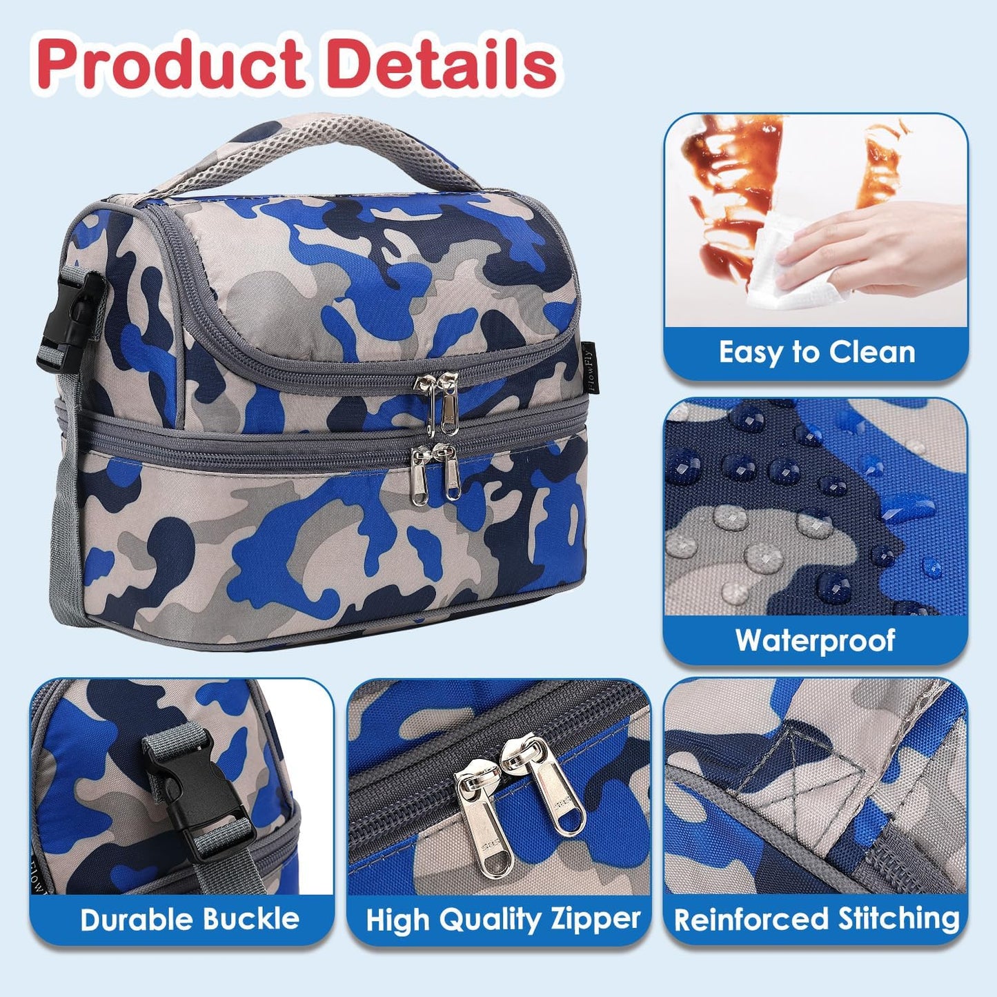 FlowFly Kids Double Decker Cooler Insulated Lunch Bag Large Tote for Boys, Girls, Men, Women, With Adjustable Strap, Unicorn