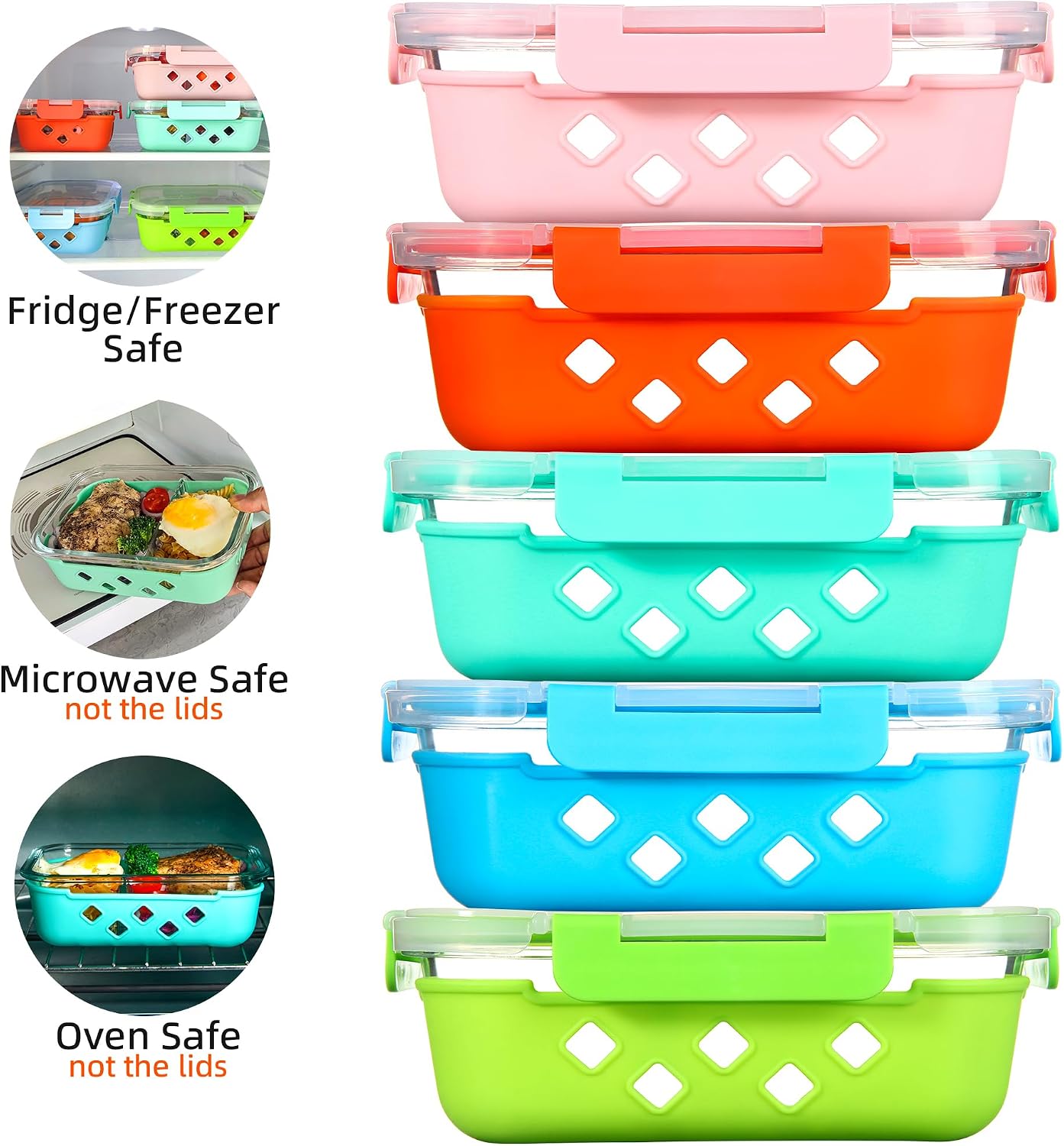 5 Pack Glass Meal Prep Containers 3 Compartment with Lids, Divided Glass Storage Containers with Silicone Sleeve for Lunch, Leak-Proof Portion Control Food Containers, Dishwasher Safe, 34 oz