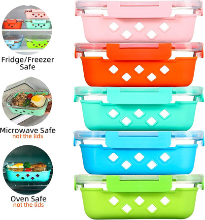 5 Pack Glass Meal Prep Containers 3 Compartment with Lids, Divided Glass Storage Containers with Silicone Sleeve for Lunch, Leak-Proof Portion Control Food Containers, Dishwasher Safe, 34 oz