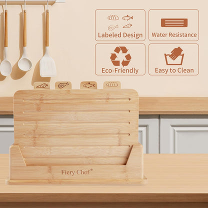 Fiery Chef 12.6"L x 9"W Bamboo Cutting Board Set of 4 - Wood Cutting Board Set with Holder, Chopping Boards Set with Food Icons, Juice Groove - Ideal for Meat, Fish, Bread, Vegetable, Fruit Chopping