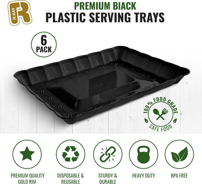 6 Pack Clear Plastic Serving Trays for Party, 9 x 13 Inch - Heavy Duty Plastic Trays for Food - Rectangular Party Serving Trays and Platters - Clear Disposable Trays